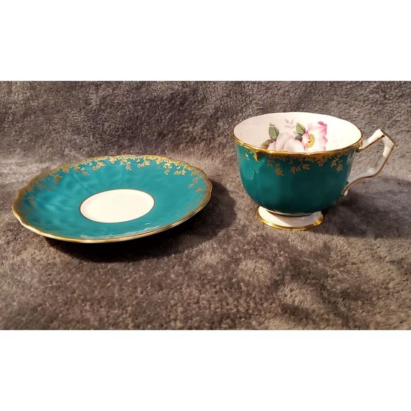RareAynsley tea cup and saucer#27 england bone china teal and gold marked 2468